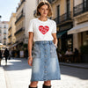 Women's Rhinestone Embellished Denim Midi Skirt, High Waisted Button Front A-Line Jean Skirt With Sparkly Pockets