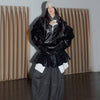 Fake Two-piece Spliced Color-block PU Leather Bubble Skirt