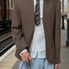 Brown Plaid Collarless Deconstructed Blazer Jacket