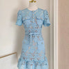 Elegant Summer Lace Dress for Women with Floral Embroidery, Diamond Buttons, Belted Waist, and Ruffle